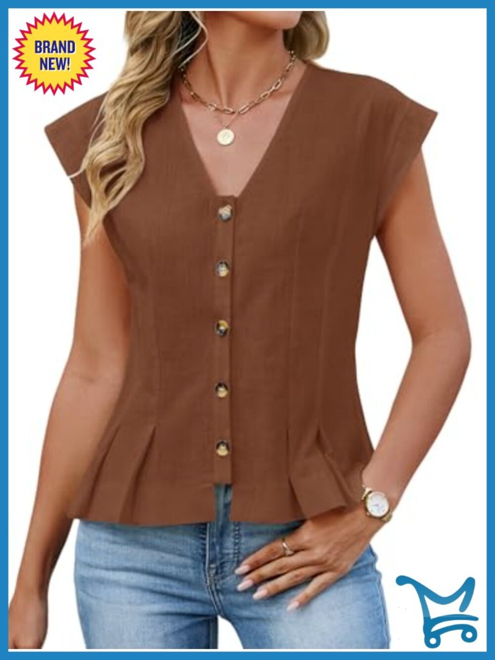 Womens 100% Cotton V Neck Crop Tank Top Button Down Cap Sleeve Summer Blouse